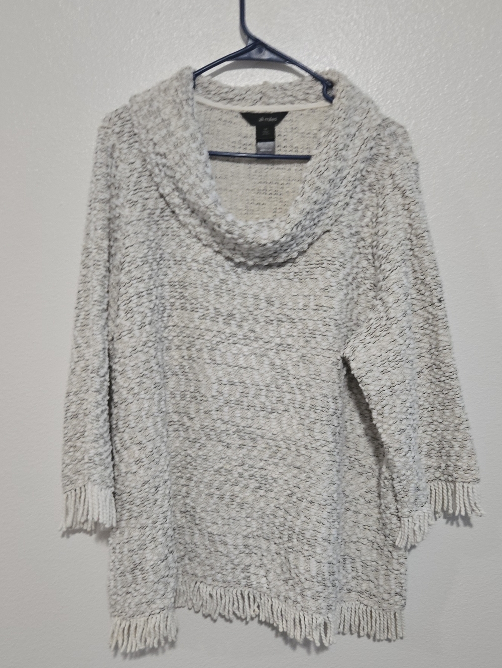 Ali Miles Cream Cowl Neck Fringe Knit Sweater
